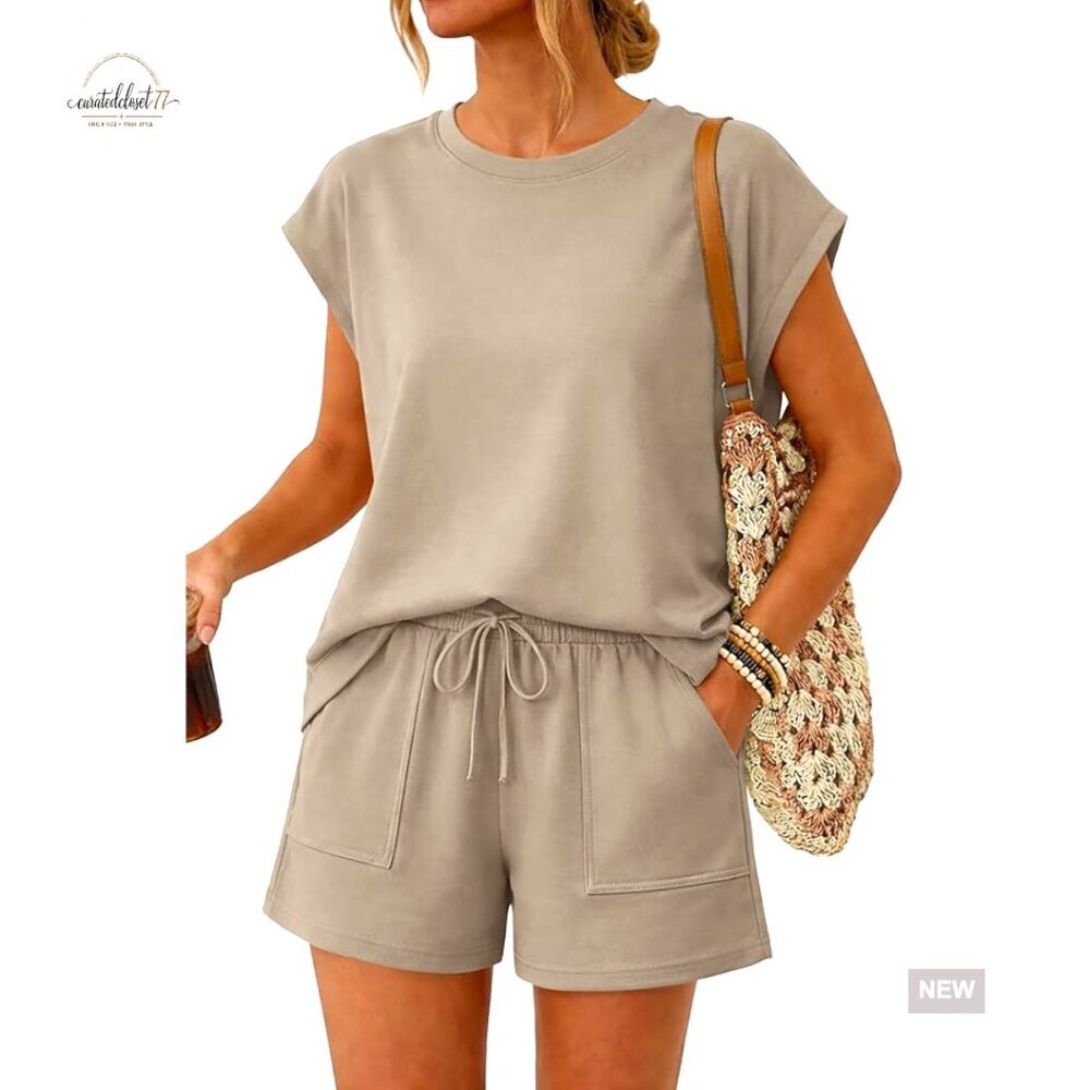 Women's Two Piece Set Cap Sleeve Drawstring Sweatsuit with Pocket